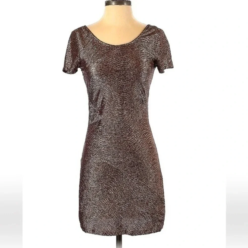 Free People Moonage Daydream Golden Brown Shimmer Metallic Bodycon Dress Size XS